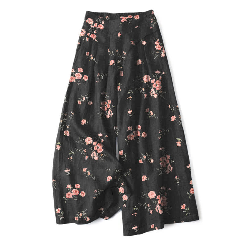 Nimara Ritual Cotton Linen Vintage Rose Pattern Women's Elastic Waist Wide Leg Pants With Pockets