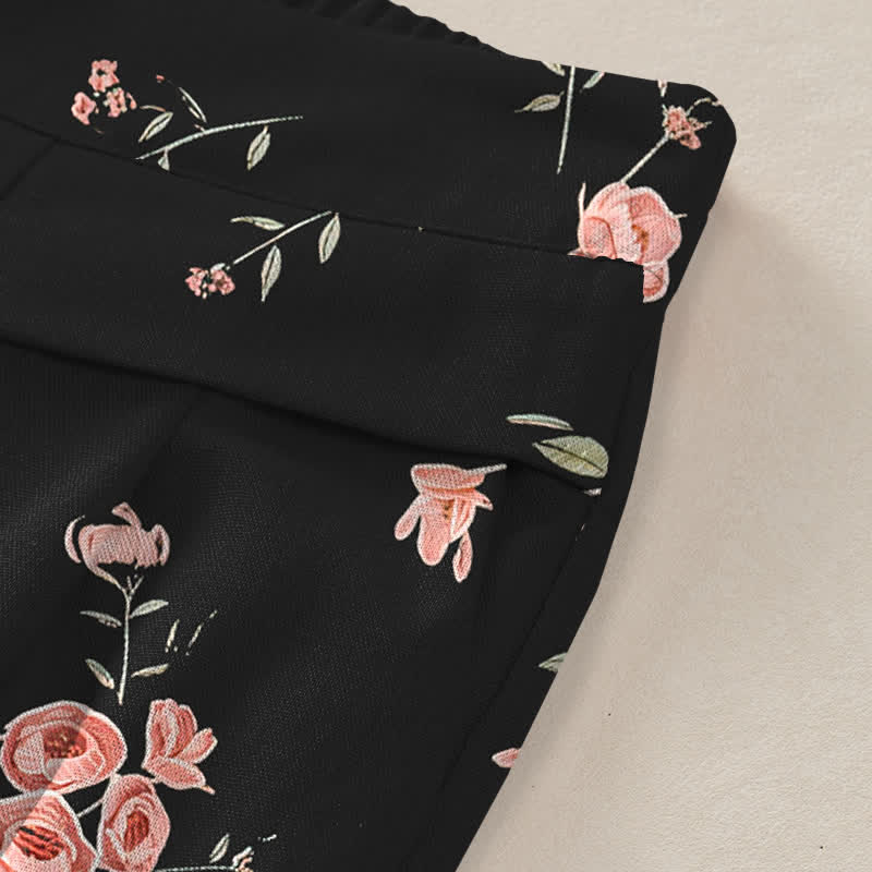 Nimara Ritual Cotton Linen Vintage Rose Pattern Women's Elastic Waist Wide Leg Pants With Pockets