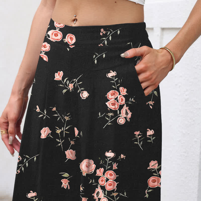 Nimara Ritual Cotton Linen Vintage Rose Pattern Women's Elastic Waist Wide Leg Pants With Pockets