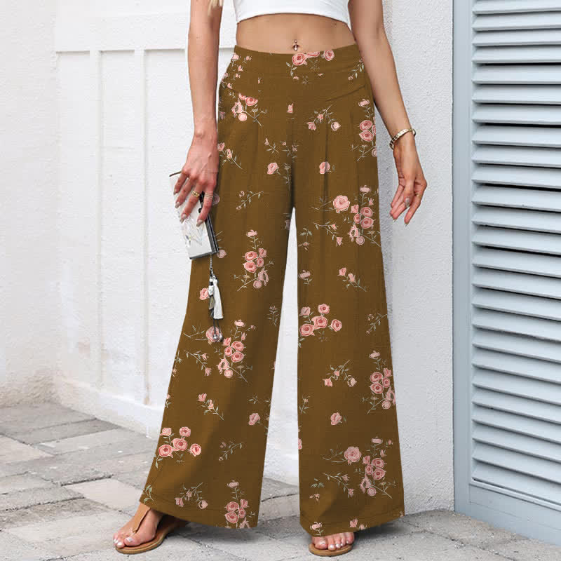 Nimara Ritual Cotton Linen Vintage Rose Pattern Women's Elastic Waist Wide Leg Pants With Pockets