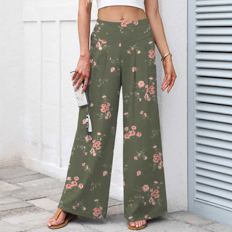 Nimara Ritual Cotton Linen Vintage Rose Pattern Women's Elastic Waist Wide Leg Pants With Pockets