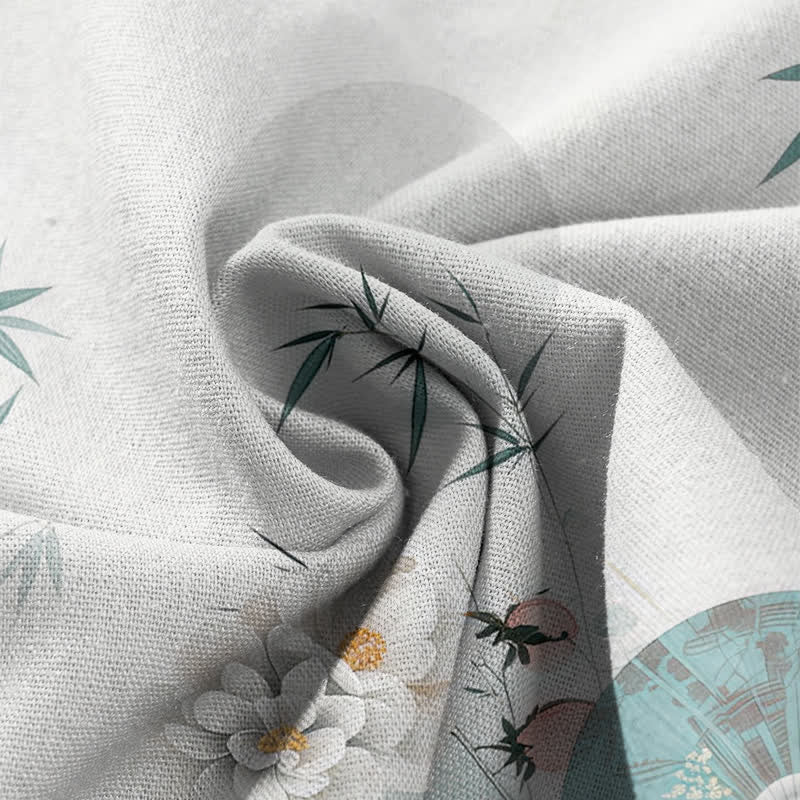 Nimara Ritual Cotton Linen Oriental Bamboo Leaf Pattern Women's Elastic Waist Wide Leg Pants With Pockets