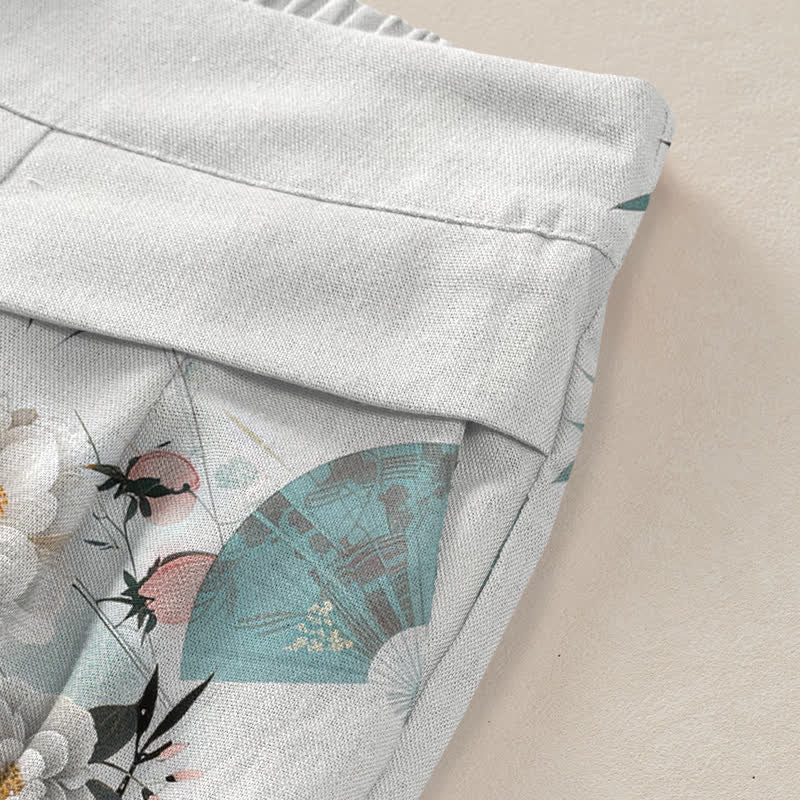 Nimara Ritual Cotton Linen Oriental Bamboo Leaf Pattern Women's Elastic Waist Wide Leg Pants With Pockets