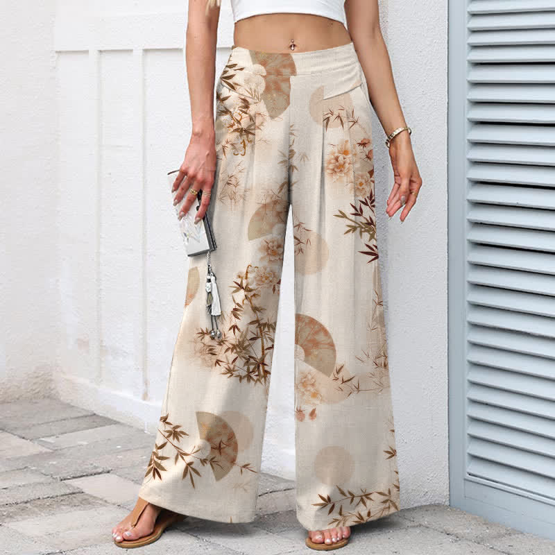 Nimara Ritual Cotton Linen Oriental Bamboo Leaf Pattern Women's Elastic Waist Wide Leg Pants With Pockets