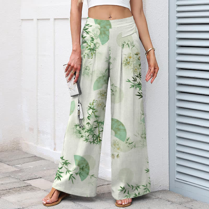 Nimara Ritual Cotton Linen Oriental Bamboo Leaf Pattern Women's Elastic Waist Wide Leg Pants With Pockets