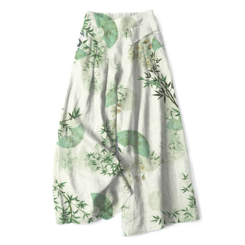 Nimara Ritual Cotton Linen Oriental Bamboo Leaf Pattern Women's Elastic Waist Wide Leg Pants With Pockets