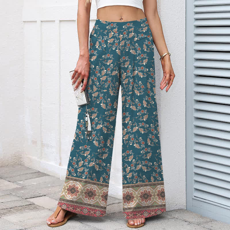 Nimara Ritual Cotton Linen Bohemian Floral Pattern Women's Elastic Waist Wide Leg Pants With Pockets
