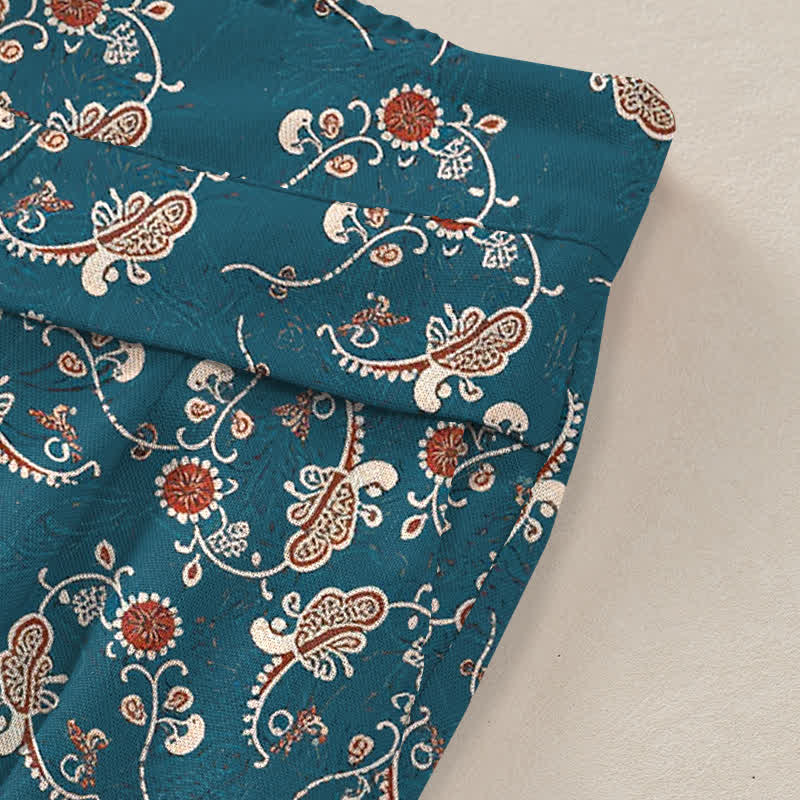 Nimara Ritual Cotton Linen Bohemian Floral Pattern Women's Elastic Waist Wide Leg Pants With Pockets