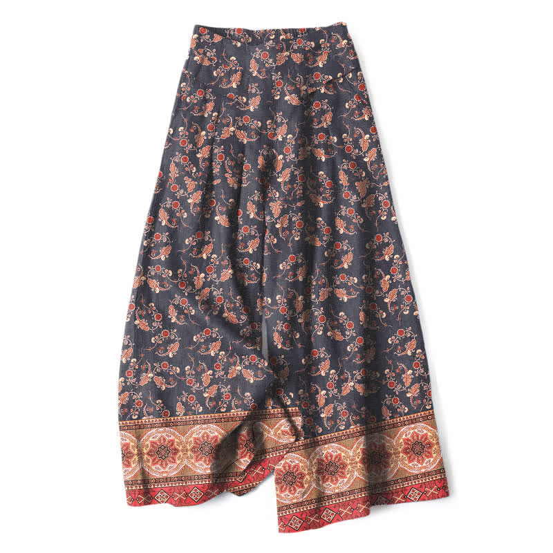 Nimara Ritual Cotton Linen Bohemian Floral Pattern Women's Elastic Waist Wide Leg Pants With Pockets