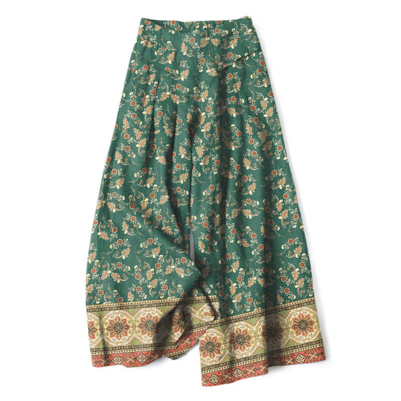 Nimara Ritual Cotton Linen Bohemian Floral Pattern Women's Elastic Waist Wide Leg Pants With Pockets