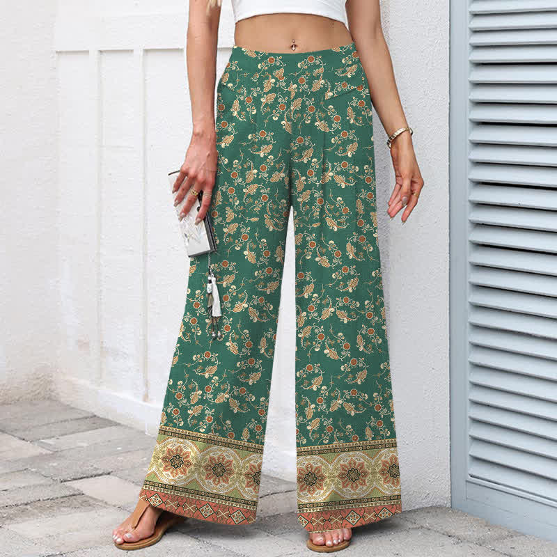 Nimara Ritual Cotton Linen Bohemian Floral Pattern Women's Elastic Waist Wide Leg Pants With Pockets