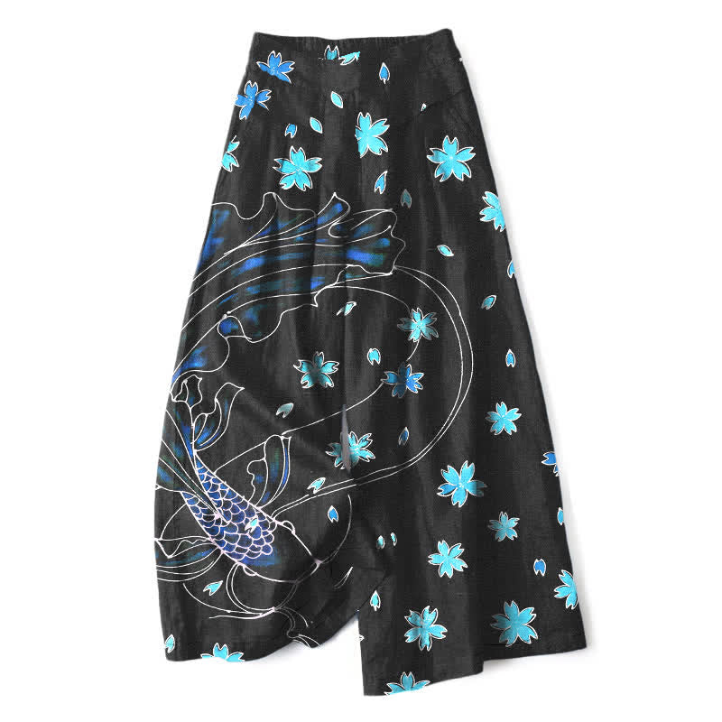Nimara Ritual Cotton Linen Koi Fish Floral Pattern Women's Elastic Waist Wide Leg Pants With Pockets