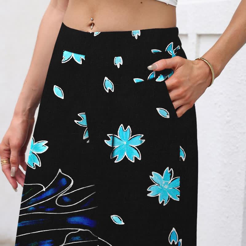 Nimara Ritual Cotton Linen Koi Fish Floral Pattern Women's Elastic Waist Wide Leg Pants With Pockets