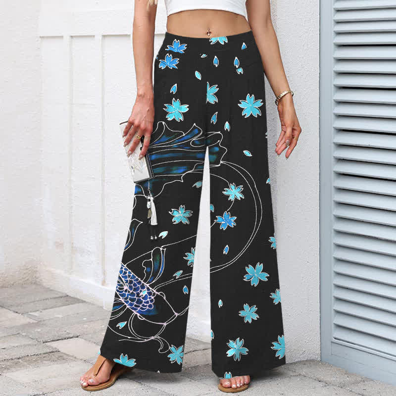 Nimara Ritual Cotton Linen Koi Fish Floral Pattern Women's Elastic Waist Wide Leg Pants With Pockets