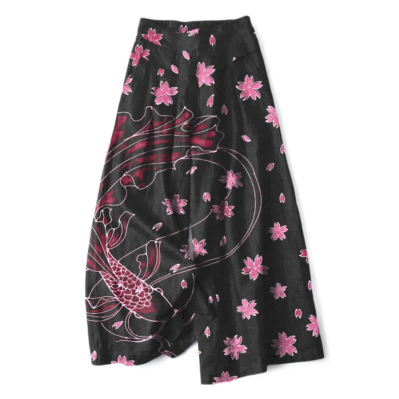 Nimara Ritual Cotton Linen Koi Fish Floral Pattern Women's Elastic Waist Wide Leg Pants With Pockets