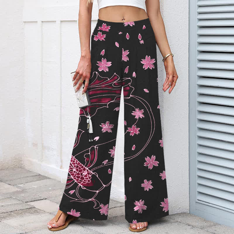 Nimara Ritual Cotton Linen Koi Fish Floral Pattern Women's Elastic Waist Wide Leg Pants With Pockets