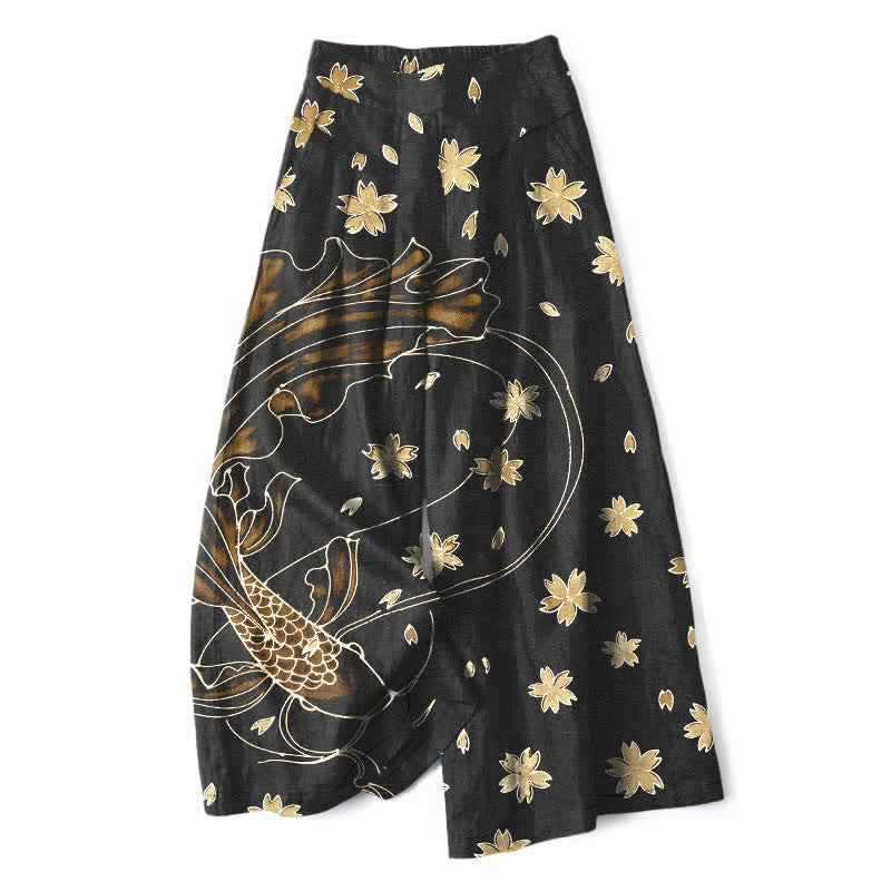 Nimara Ritual Cotton Linen Koi Fish Floral Pattern Women's Elastic Waist Wide Leg Pants With Pockets