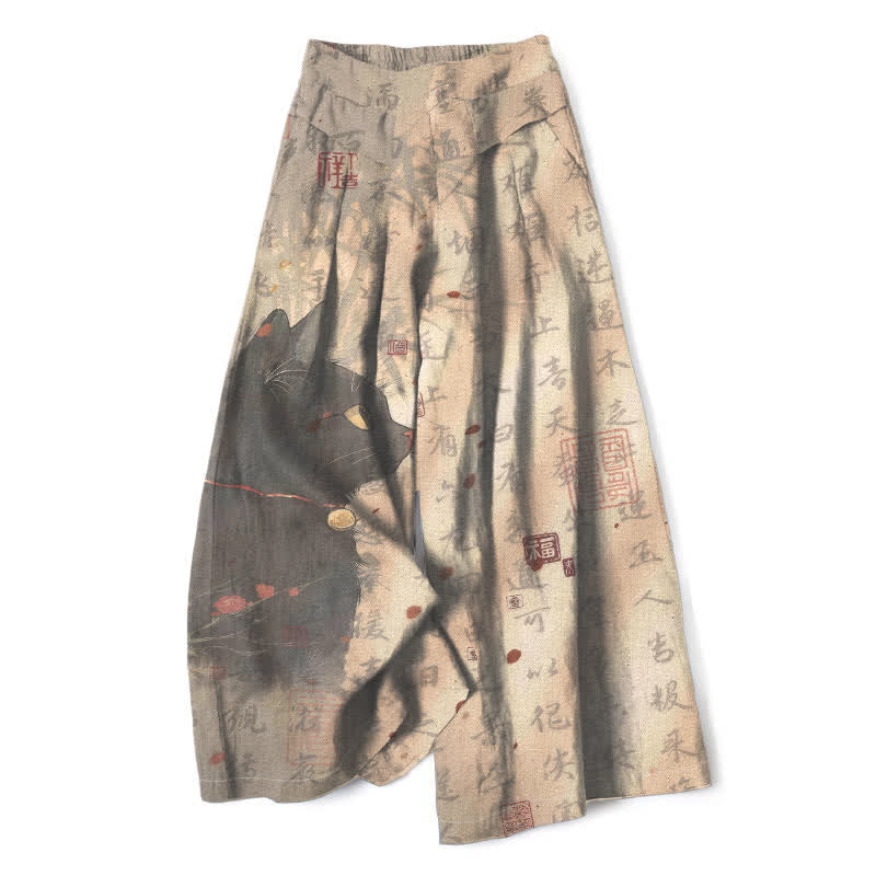Nimara Ritual Cotton Linen Calligraphy Cat Pattern Women's Elastic Waist Wide Leg Pants With Pockets
