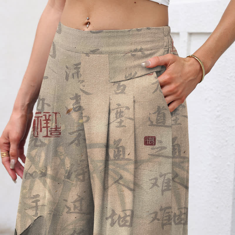 Nimara Ritual Cotton Linen Calligraphy Cat Pattern Women's Elastic Waist Wide Leg Pants With Pockets