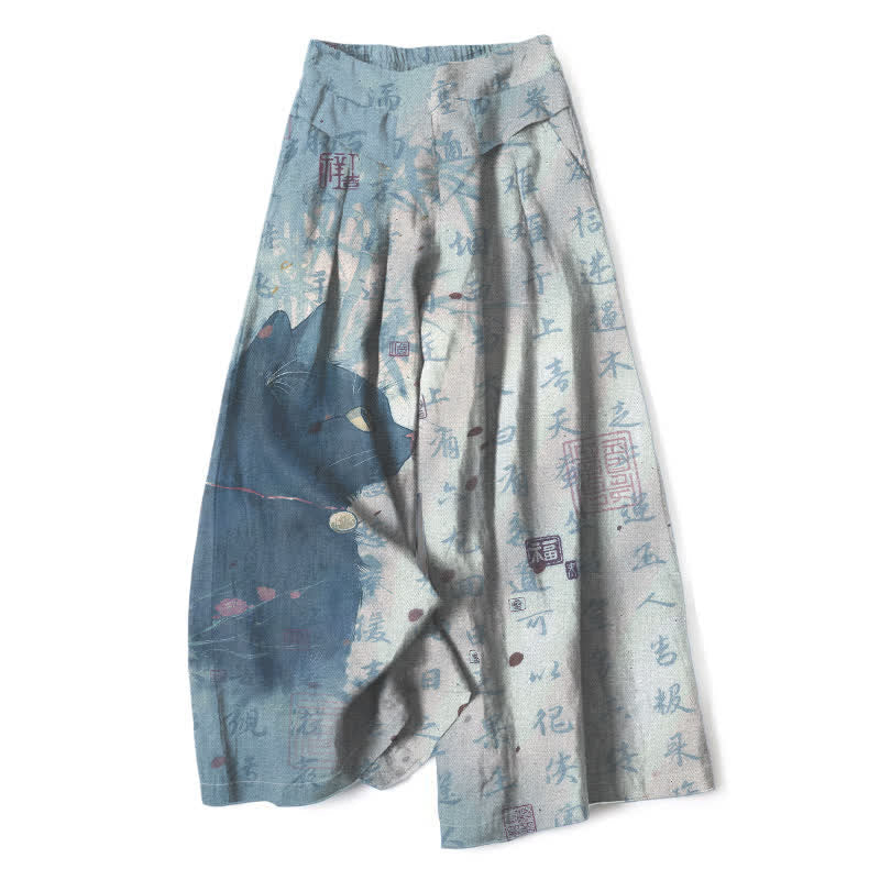 Nimara Ritual Cotton Linen Calligraphy Cat Pattern Women's Elastic Waist Wide Leg Pants With Pockets