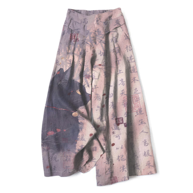 Nimara Ritual Cotton Linen Calligraphy Cat Pattern Women's Elastic Waist Wide Leg Pants With Pockets