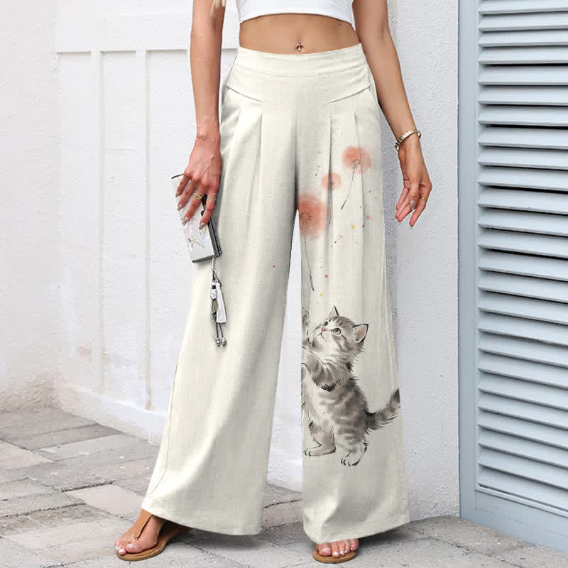 Nimara Ritual Cotton Linen Watercolor Cat Floral Pattern Women's Elastic Waist Wide Leg Pants With Pockets