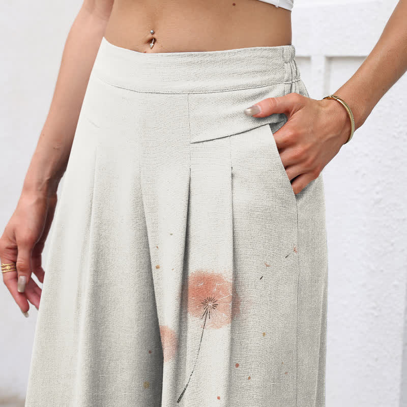 Nimara Ritual Cotton Linen Watercolor Cat Floral Pattern Women's Elastic Waist Wide Leg Pants With Pockets