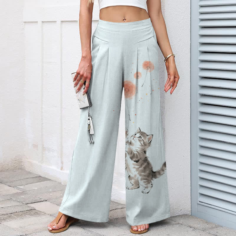 Nimara Ritual Cotton Linen Watercolor Cat Floral Pattern Women's Elastic Waist Wide Leg Pants With Pockets