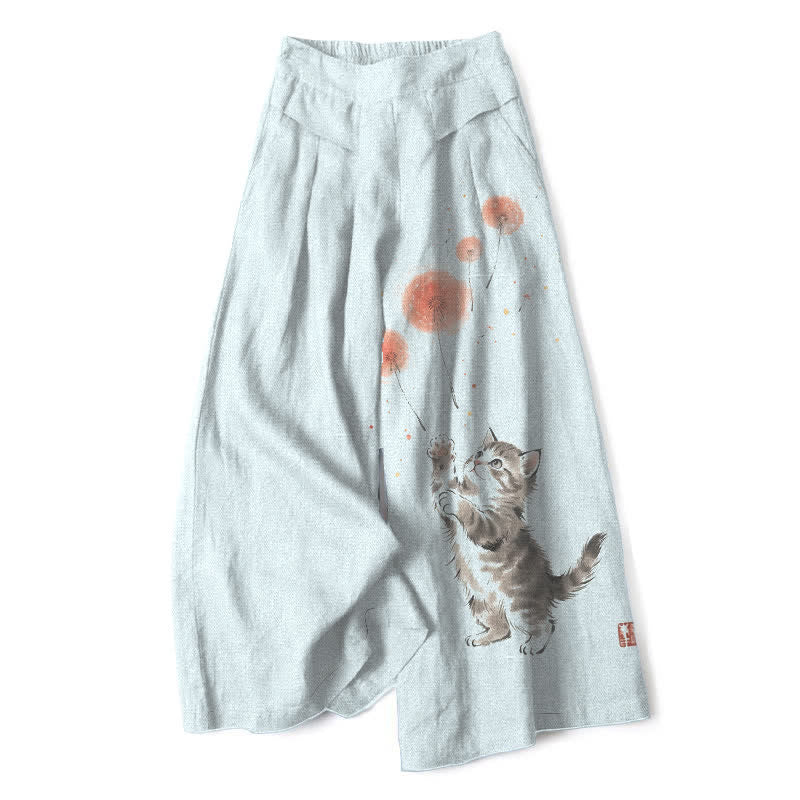 Nimara Ritual Cotton Linen Watercolor Cat Floral Pattern Women's Elastic Waist Wide Leg Pants With Pockets