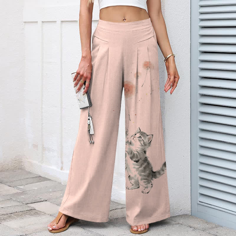 Nimara Ritual Cotton Linen Watercolor Cat Floral Pattern Women's Elastic Waist Wide Leg Pants With Pockets