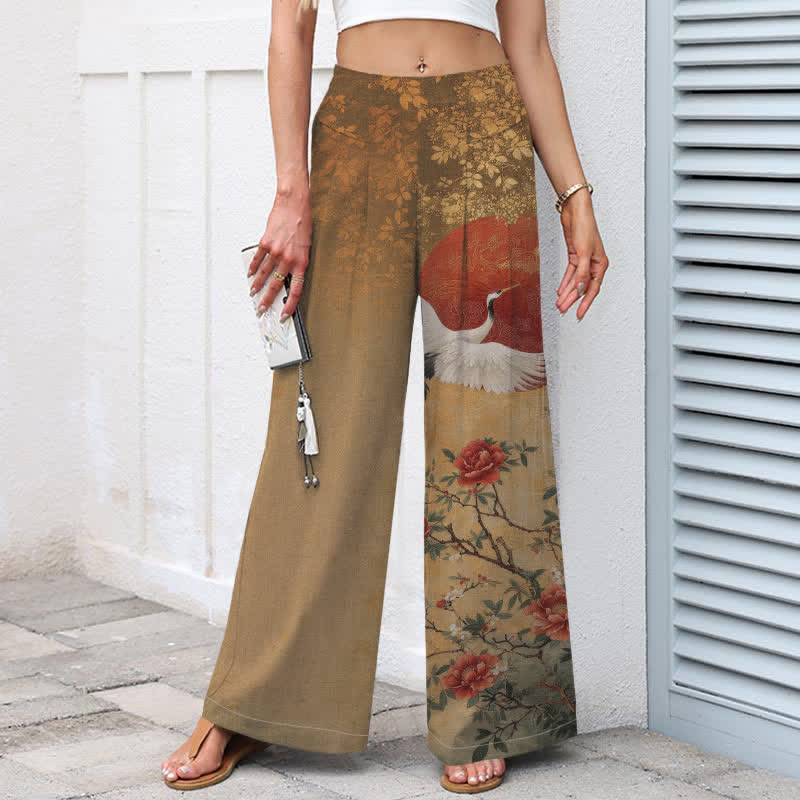 Nimara Ritual Cotton Linen Crane Floral Pattern Women's Elastic Waist Wide Leg Pants With Pockets
