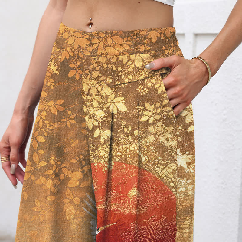 Nimara Ritual Cotton Linen Crane Floral Pattern Women's Elastic Waist Wide Leg Pants With Pockets