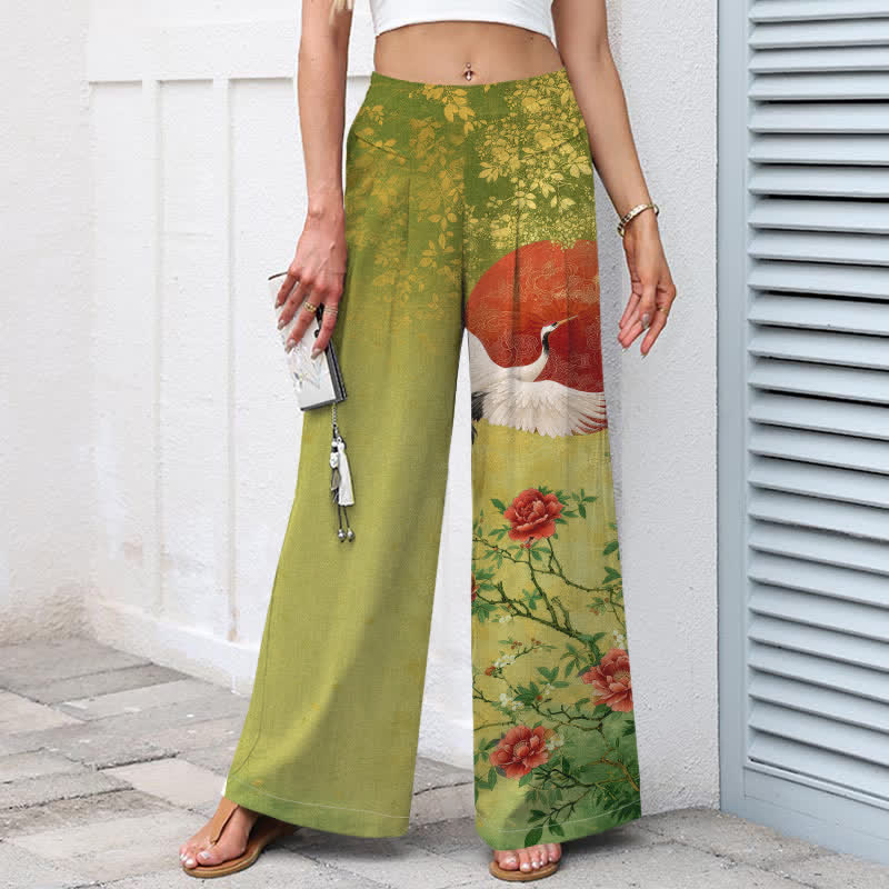 Nimara Ritual Cotton Linen Crane Floral Pattern Women's Elastic Waist Wide Leg Pants With Pockets