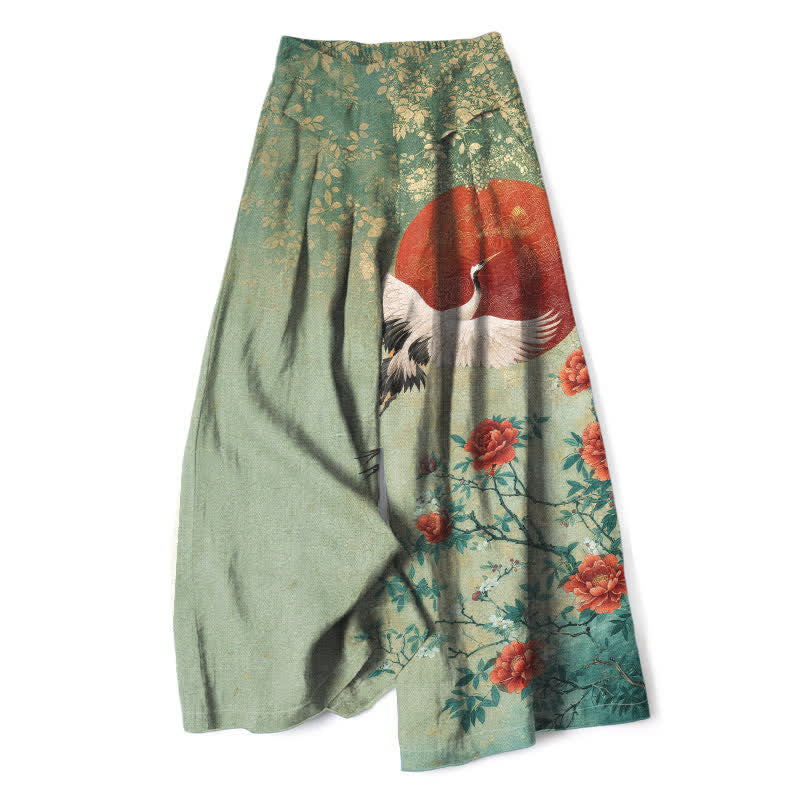 Nimara Ritual Cotton Linen Crane Floral Pattern Women's Elastic Waist Wide Leg Pants With Pockets