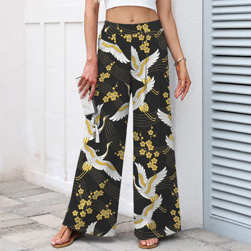 Nimara Ritual Cotton Linen Crane Blossom Pattern Women's Elastic Waist Wide Leg Pants With Pockets