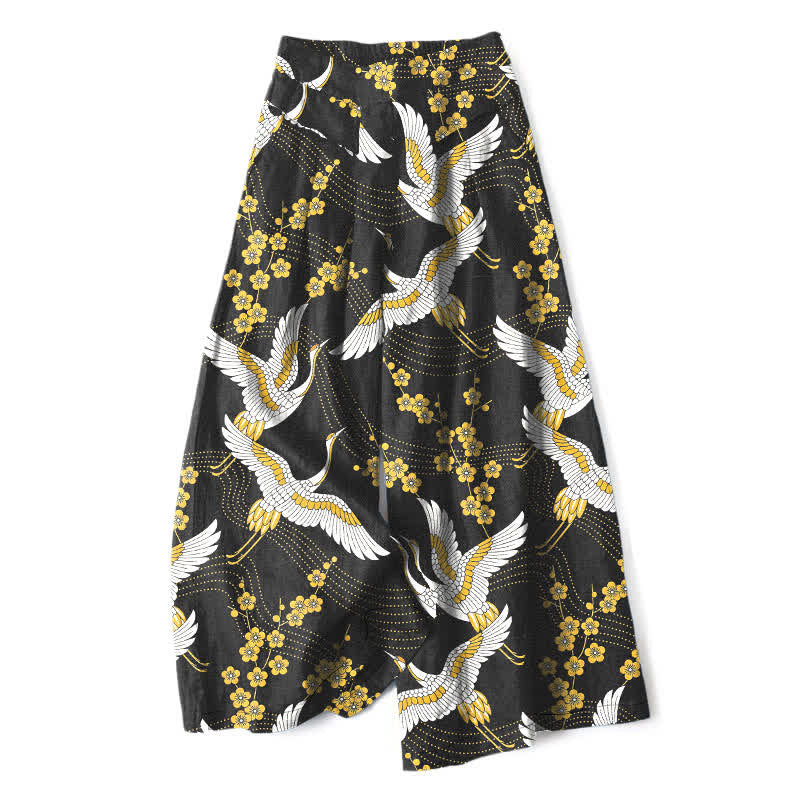 Nimara Ritual Cotton Linen Crane Blossom Pattern Women's Elastic Waist Wide Leg Pants With Pockets