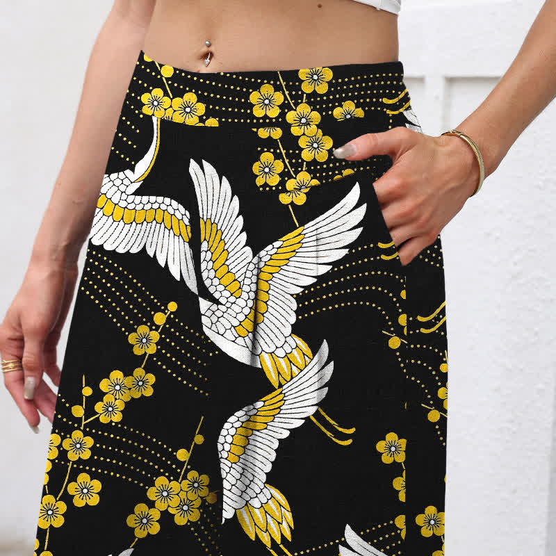 Nimara Ritual Cotton Linen Crane Blossom Pattern Women's Elastic Waist Wide Leg Pants With Pockets