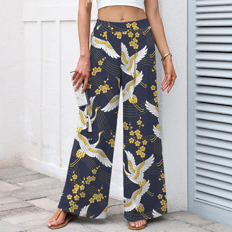 Nimara Ritual Cotton Linen Crane Blossom Pattern Women's Elastic Waist Wide Leg Pants With Pockets