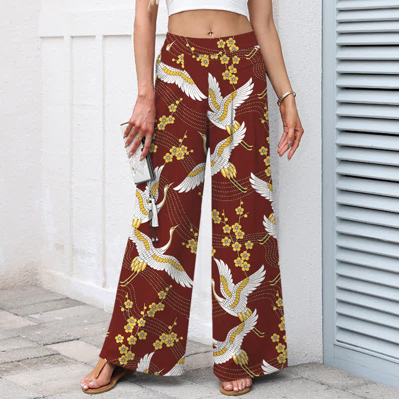Nimara Ritual Cotton Linen Crane Blossom Pattern Women's Elastic Waist Wide Leg Pants With Pockets