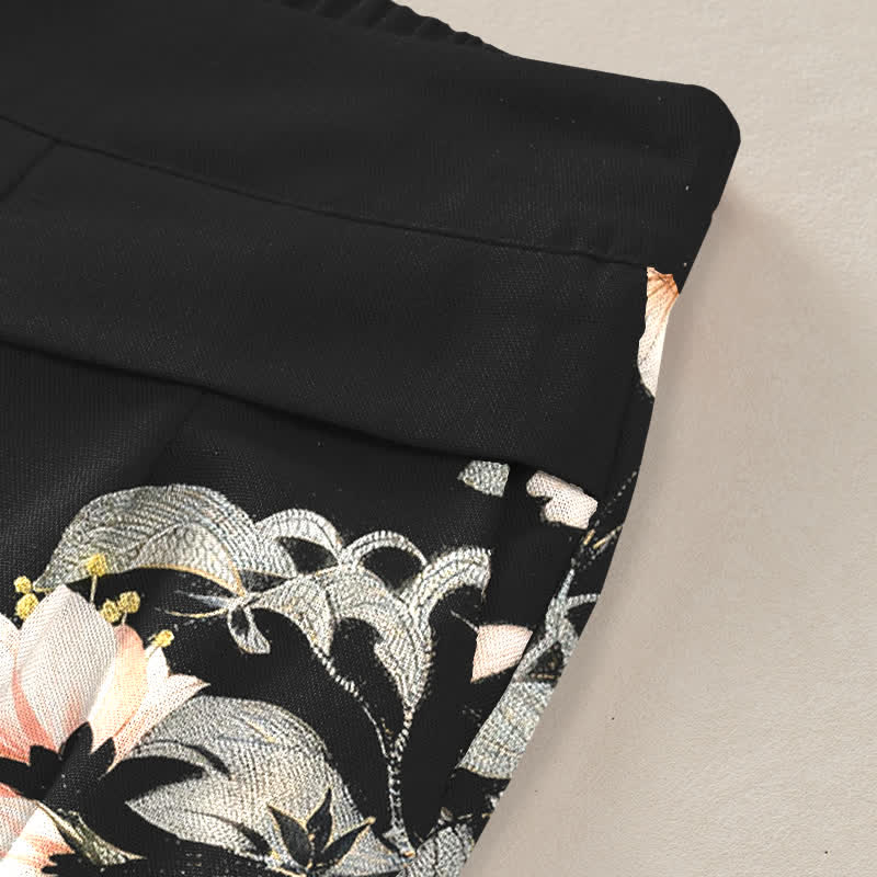 Nimara Ritual Cotton Linen Oriental Dragon Pattern Women's Elastic Waist Wide Leg Pants With Pockets
