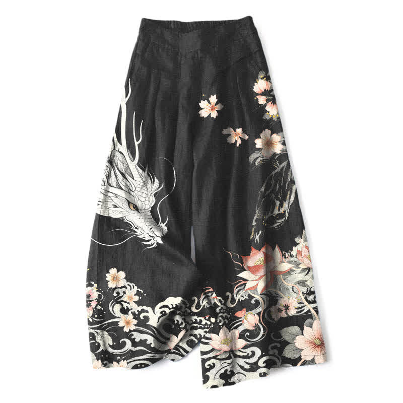 Nimara Ritual Cotton Linen Oriental Dragon Pattern Women's Elastic Waist Wide Leg Pants With Pockets