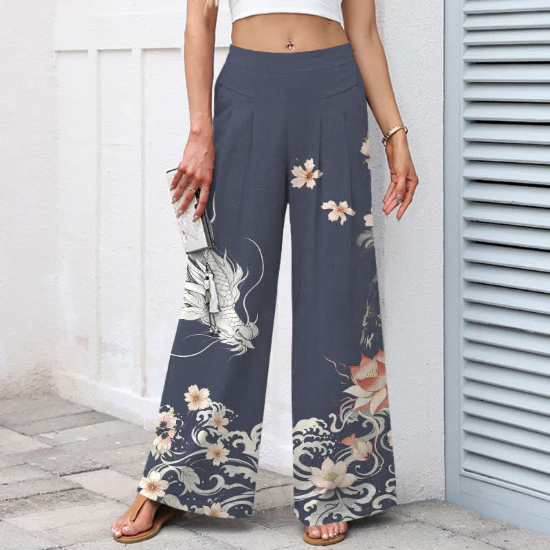 Nimara Ritual Cotton Linen Oriental Dragon Pattern Women's Elastic Waist Wide Leg Pants With Pockets