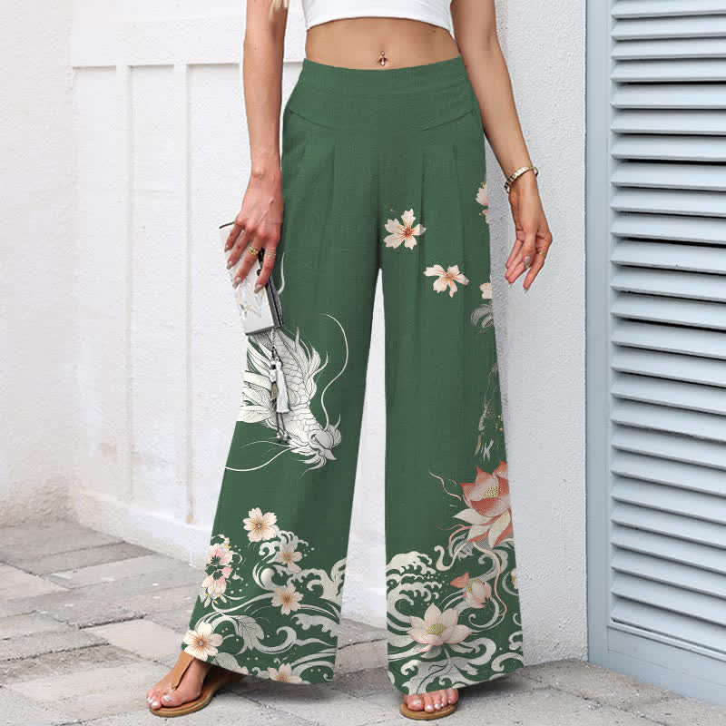 Nimara Ritual Cotton Linen Oriental Dragon Pattern Women's Elastic Waist Wide Leg Pants With Pockets