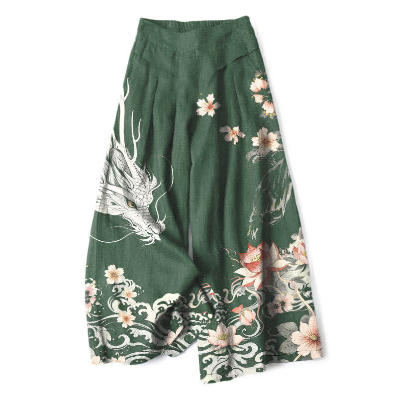 Nimara Ritual Cotton Linen Oriental Dragon Pattern Women's Elastic Waist Wide Leg Pants With Pockets
