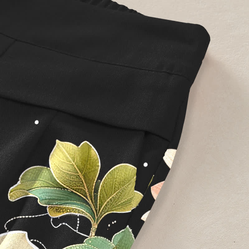 Nimara Ritual Cotton Linen Lotus Koi Wave Pattern Women's Elastic Waist Wide Leg Pants With Pockets