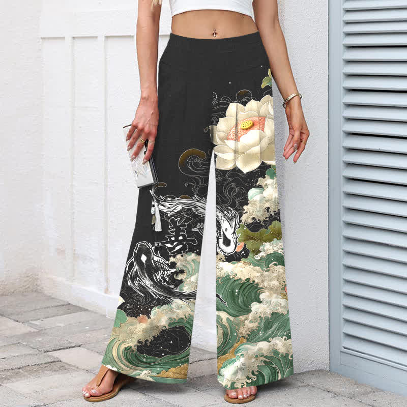 Nimara Ritual Cotton Linen Lotus Koi Wave Pattern Women's Elastic Waist Wide Leg Pants With Pockets