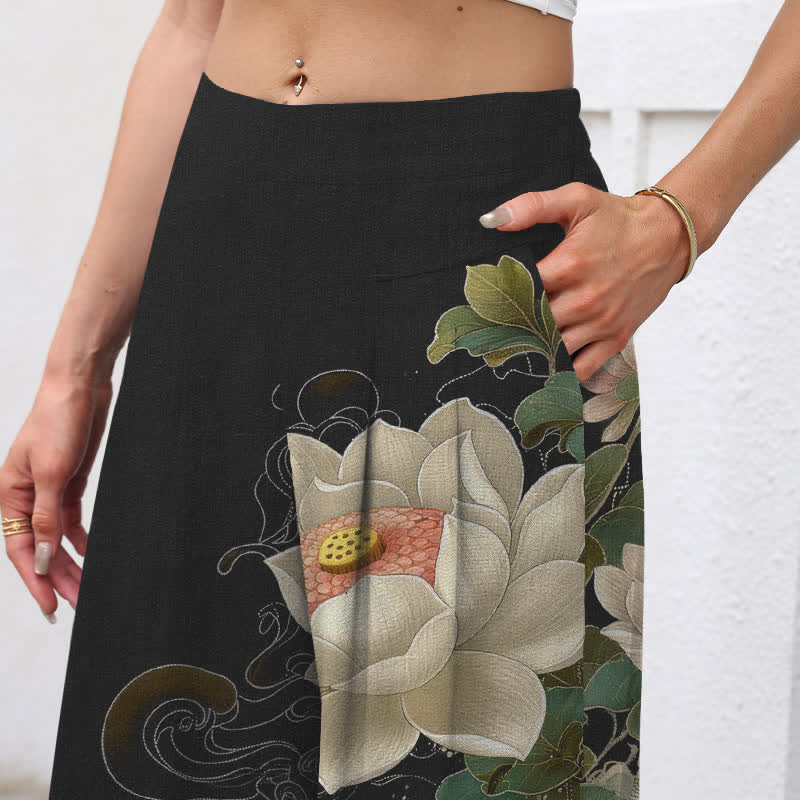 Nimara Ritual Cotton Linen Lotus Koi Wave Pattern Women's Elastic Waist Wide Leg Pants With Pockets