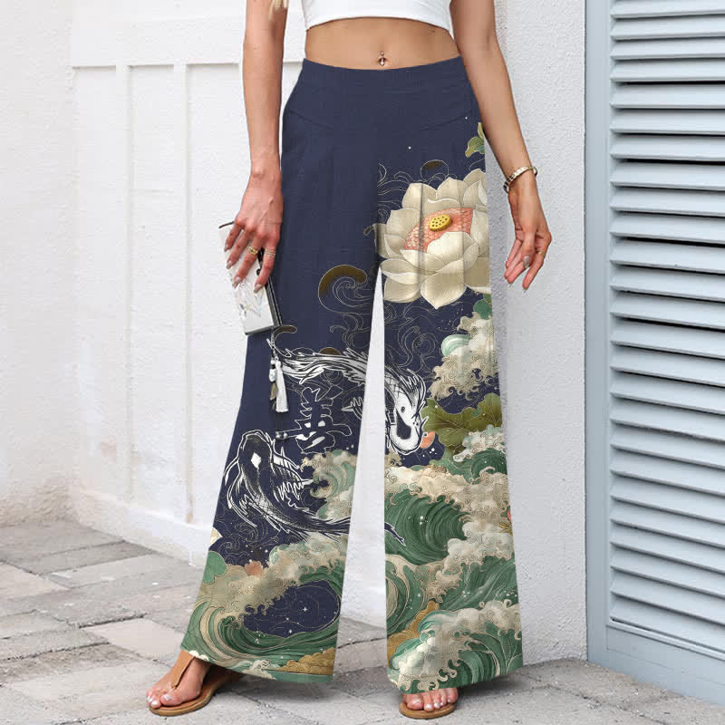 Nimara Ritual Cotton Linen Lotus Koi Wave Pattern Women's Elastic Waist Wide Leg Pants With Pockets