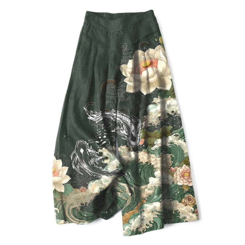 Nimara Ritual Cotton Linen Lotus Koi Wave Pattern Women's Elastic Waist Wide Leg Pants With Pockets