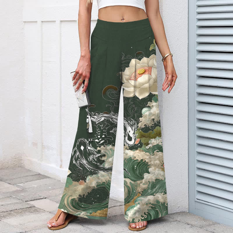 Nimara Ritual Cotton Linen Lotus Koi Wave Pattern Women's Elastic Waist Wide Leg Pants With Pockets